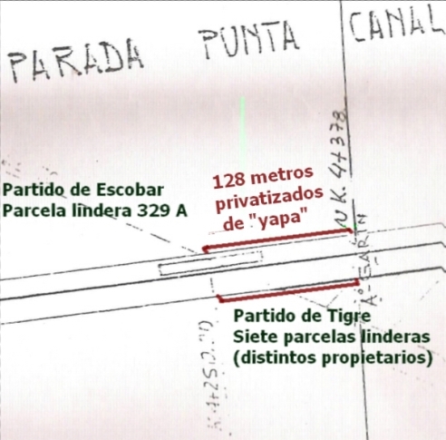 En este mapa del expediente de ONABE, se ve que hasta la calle Brasil (que divide los partidos) era KM4+250. Los 128 metros extras cubren la parte de Punta Querandí hasta el arroyo Garín (KM4+378)