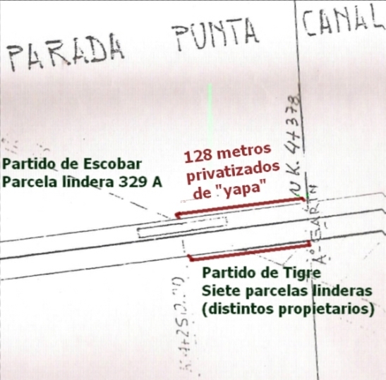 En este mapa del expediente de ONABE, se ve que hasta la calle Brasil (que divide los partidos) era KM4+250. Los 128 metros extras cubren la parte de Punta Querand hasta el arroyo Garn (KM4+378)